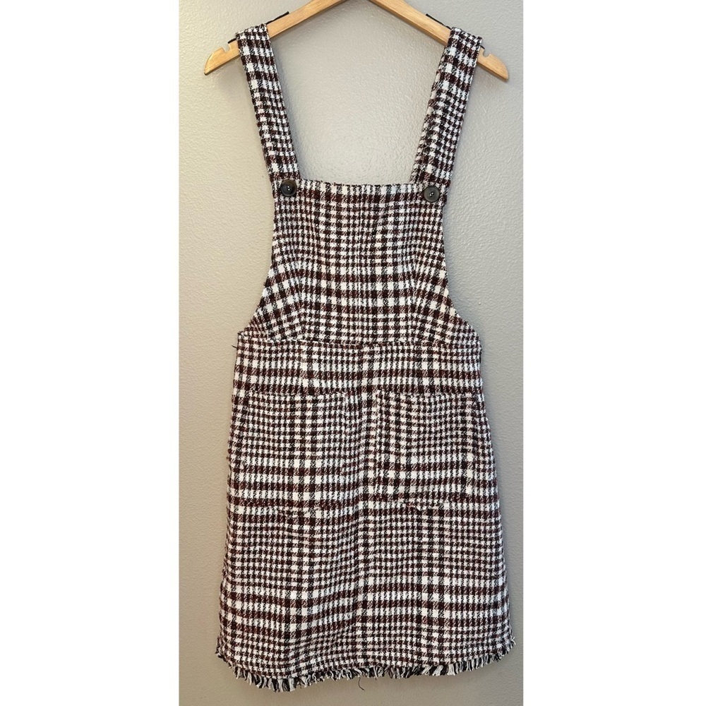NWT Tea N Rose Brown and White Overall Houndstooth Pinafore Dress Raw Hem - Picture 10 of 12